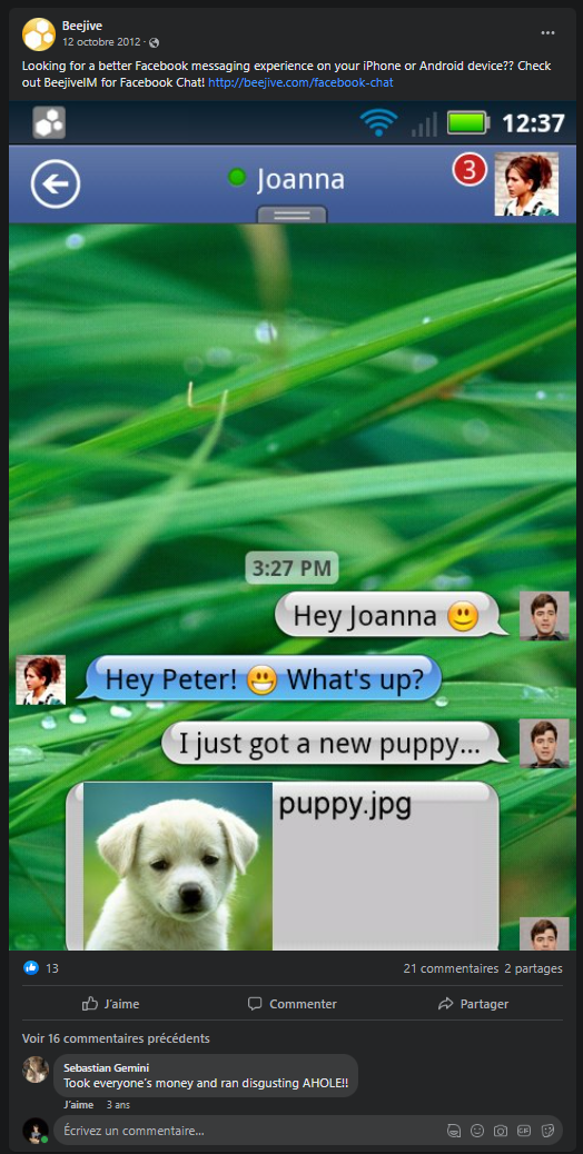 A post on Beejive's Facebook. An apparently discontented customer commenting below.