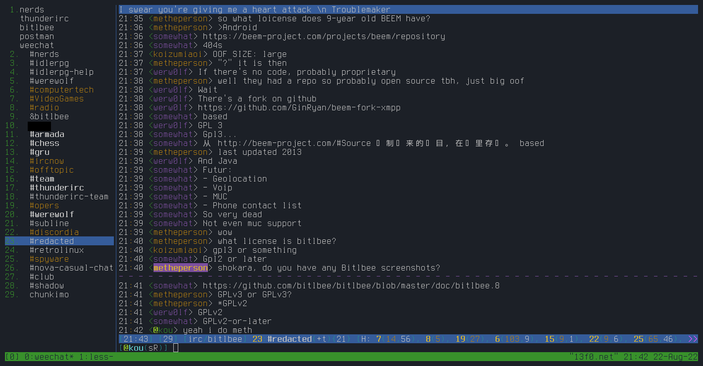 Bitlbee accessed from WeeChat, with an XMPP MUC open